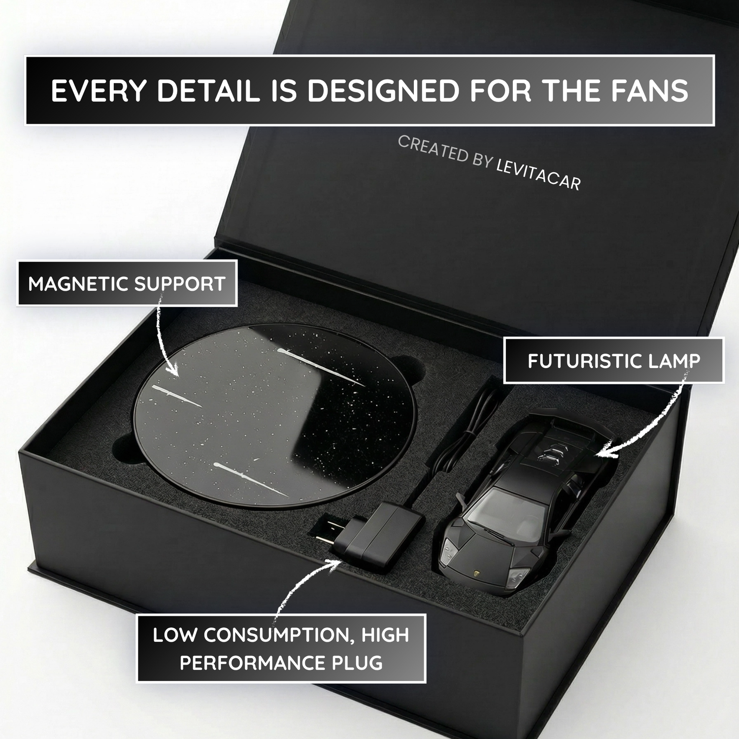 Product packaging with features labeled, including a magnetic support, futuristic lamp, and plug, created by Levitacar.