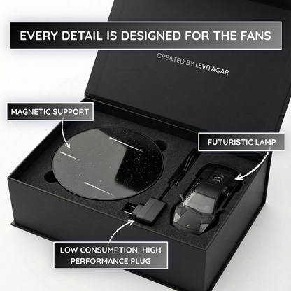 Product packaging with features labeled, including a magnetic support, futuristic lamp, and plug, created by Levitacar.